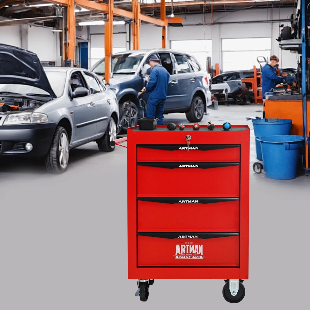 Mobile contenitore con 4 cassetti e ruote - per garage - in acciaio - rosso nero