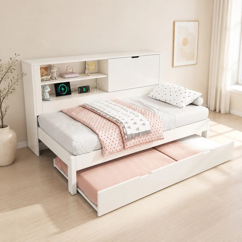 Sofabed con letto estraibile e contenitore; 90x200 cm; bianco
