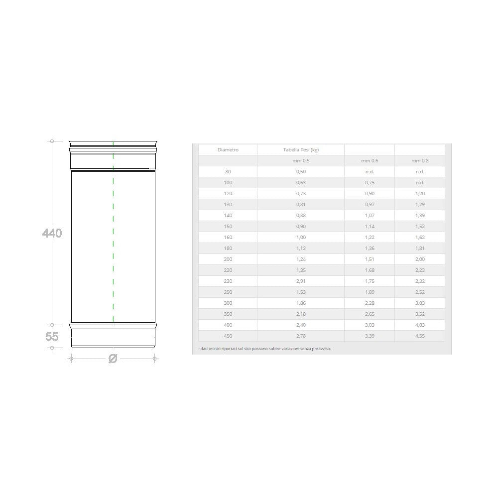 Tubo acciaio inox 100 x 500mm 5 decimi aisi 304