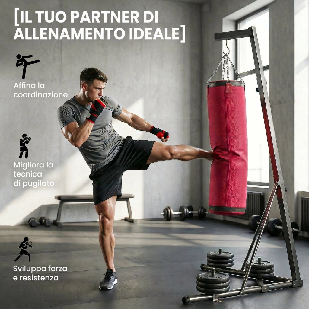Sacco da Boxe con Supporto Regolabile ¨C Minimal ¨C Acciaio e Tela, 175x91x185-231 cm, Rosso