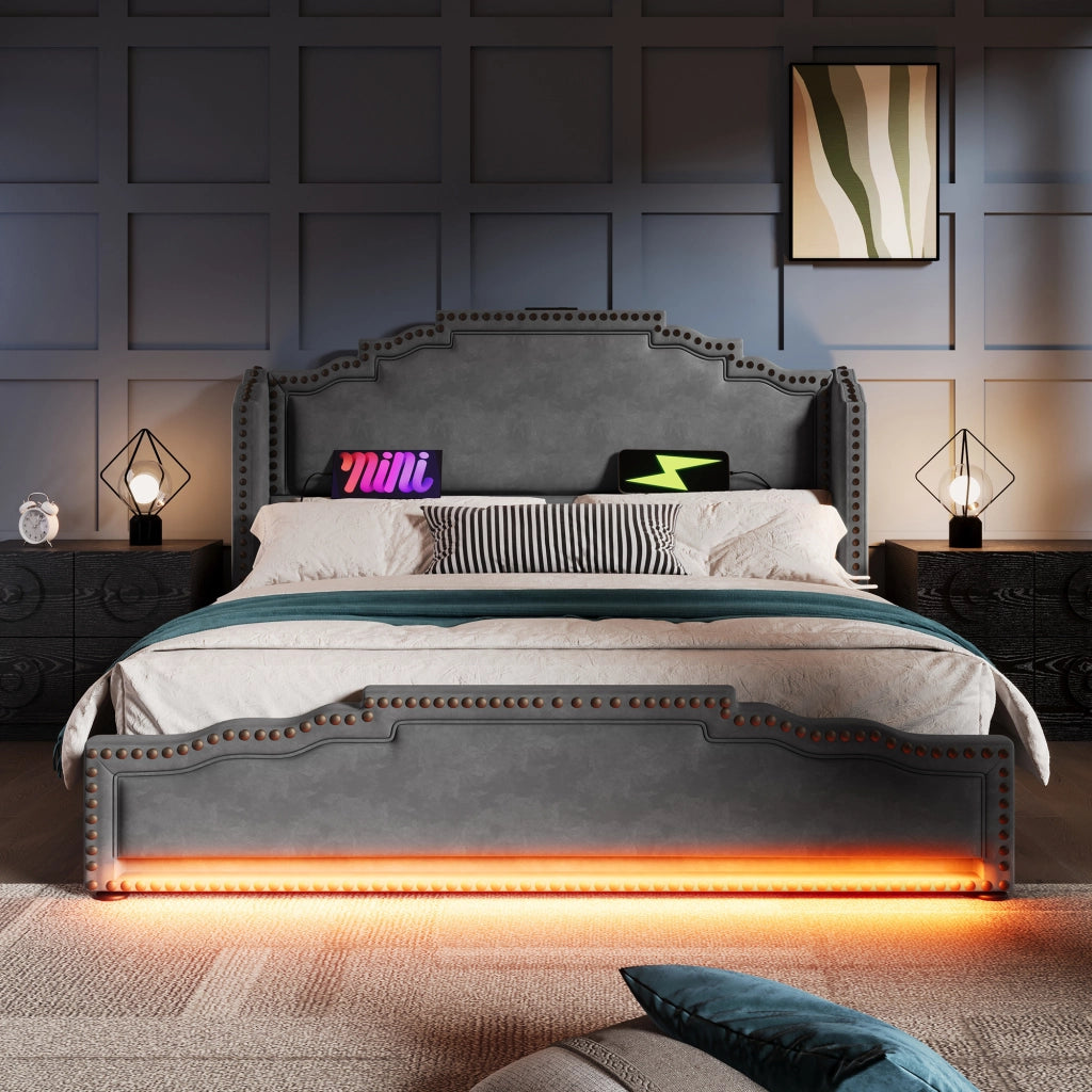 OKWISH Letto con Cassetti 140×200 cm, Letto Matrimoniale con 4 Cassetti, LED Regolabile e USB e Tipo C, senza Materasso, in Velluto, Grigio