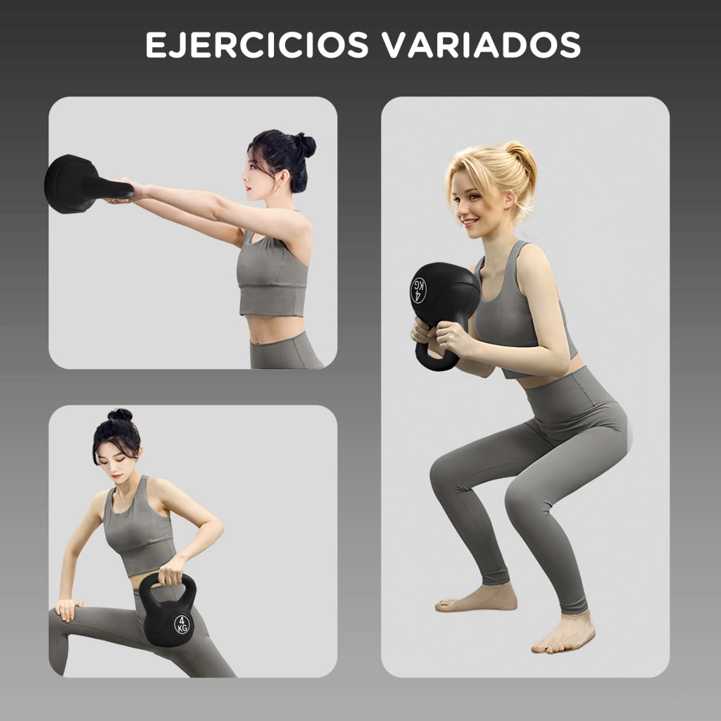 Kettlebell 4 kg ¨C Xylo ¨C Base Piatta, Impugnatura Larga, Riempimento Sabbia 18x12x20 cm Nero