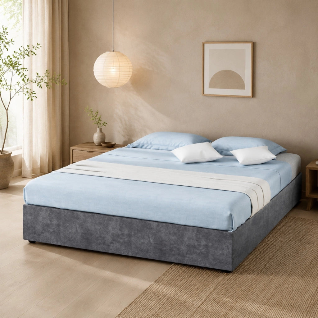 DESMIU Lit contenitore 140 × 200 cm 2 posti con LED e schienale regolabile, senza materasso, in tessuto, grigio