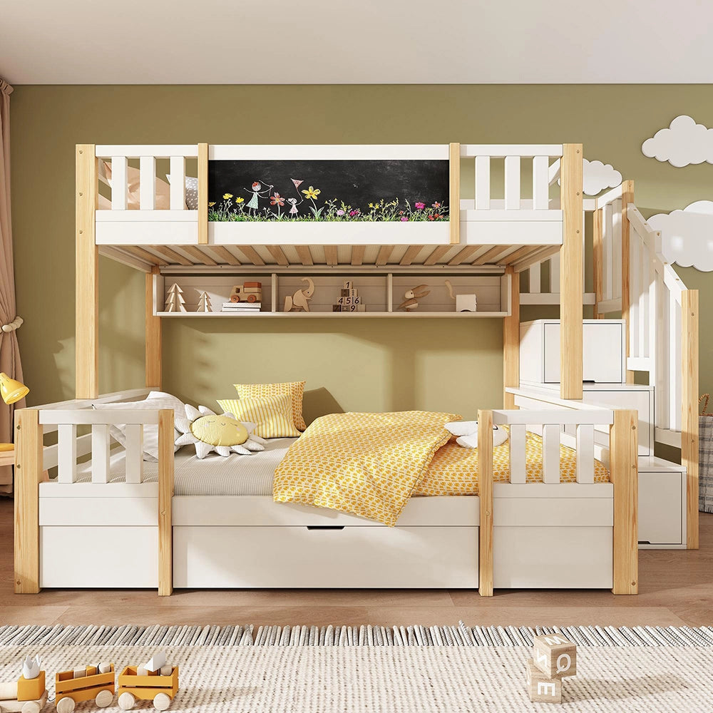 Letto a castello-Xylo-90+140x200cm lavagna scala con ripiano 2 cassetti armadio legno massiccio bianco naturale