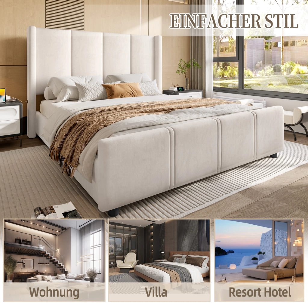 Letto Matrimoniale 140 x 200 cm; USB e Type-C; Testiera Alta e Pediera Alta; in Velluto Beige