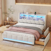 Polsterbett 140x200 cm con LED APP, USB e 2 cassetti, colore beige
