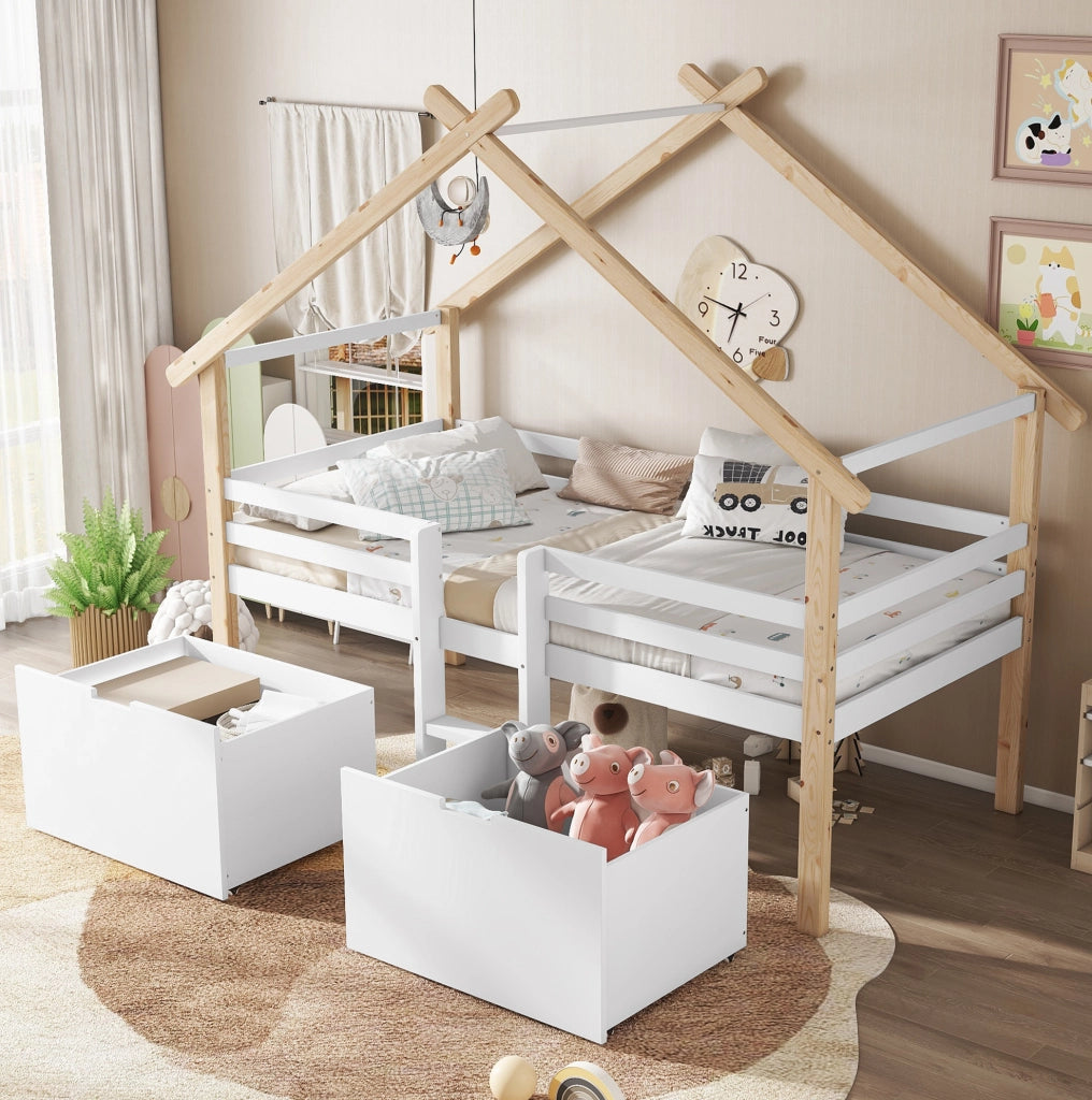 Letto a casetta 90x200 cm semialto con scala e 2 armadietti in legno e MDF bianco e naturale