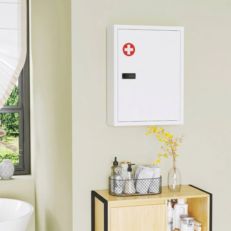 Armadietto a muro per medicinali, mobiletto da bagno con serratura a combinazione, anta e vani portaoggetti, bianco