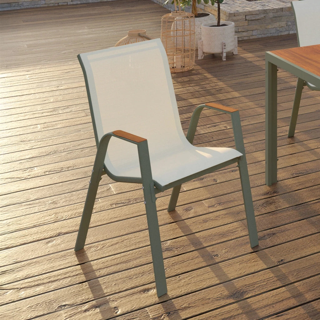 IDMarket - Set di 6 sedie da giardino impilabili NOUMEA in metallo e textilene, verde e legno