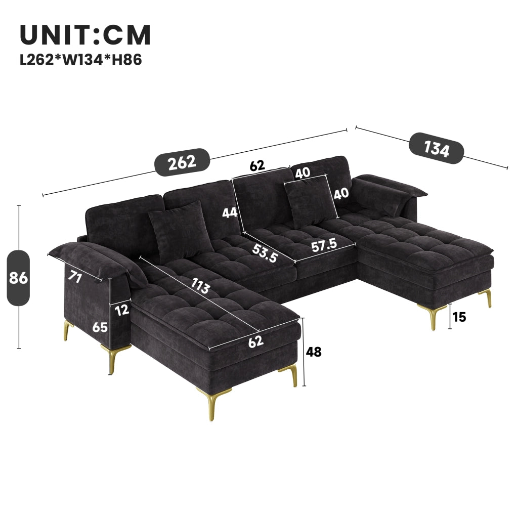 Divano angolare modulare a U 4-5 posti - con 2 chaise longue e cuscini - in chenille nero