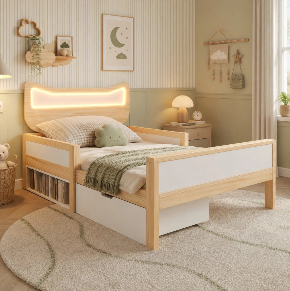 Letto per bambini con testiera a forma di gatto, LED RGB e contenitore