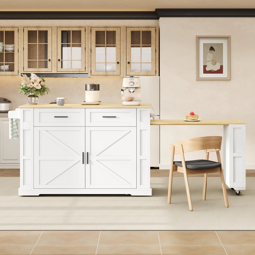 Carrello da cucina con 2 cassetti; doppia anta; ripiano regolabile; prese e porta asciugamani; in MDF; bianco e rovere