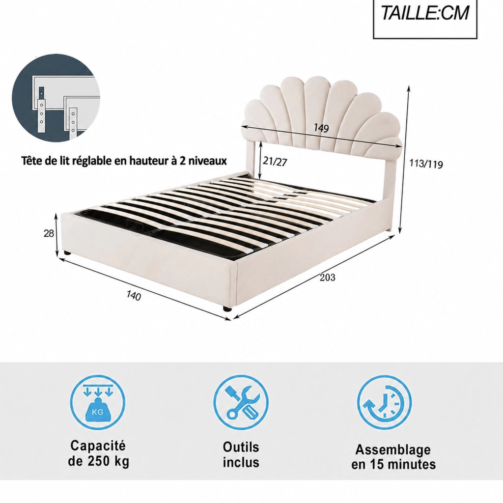 DESMIU Letto contenitore Letto Matrimoniale con testiera regolabile, vano idraulico, 140 × 200 cm, senza materasso