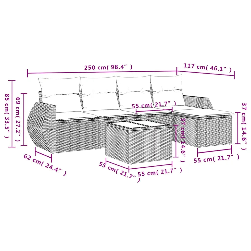 Set Divano da Giardino 6 pz con Cuscini Marrone in Polyrattan