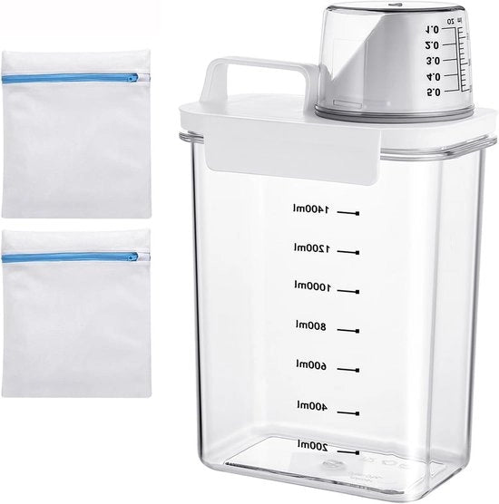Dispensatore di Sapone Multifunzionale con Vista, 1800ml, con Misurino e 2 Sacchetti di Lavaggio, Contenitore in Plastica per Detersivi e Condizionanti