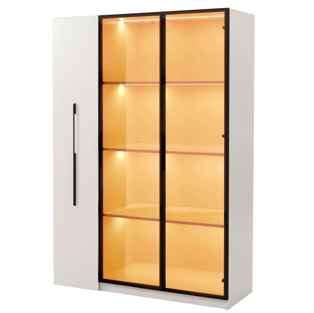 Vetrina 110.5x35x160 cm con LED integrato e vano laterale estraibile in MDF bianco