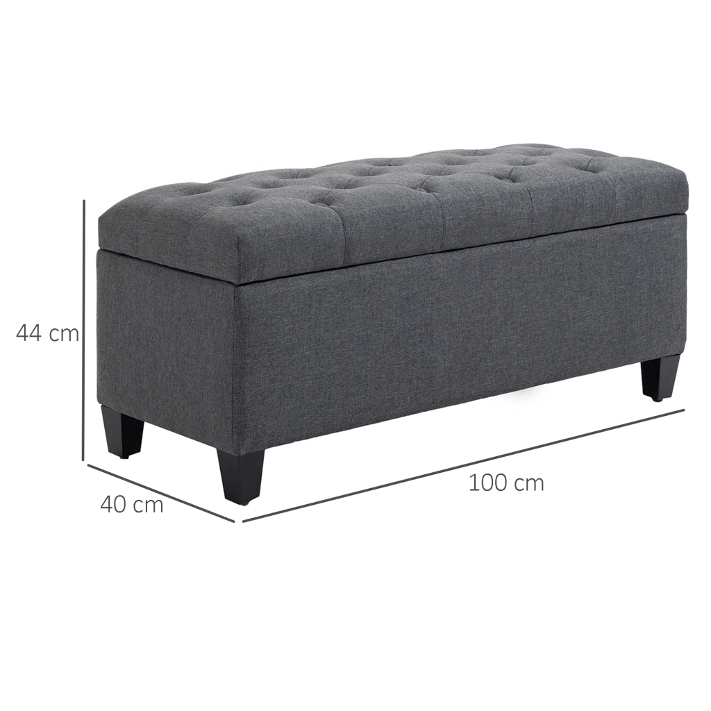 Panca con contenitore ¨C Xylo ¨C tessuto effetto lino grigio scuro gambe in legno 100x40x44 cm