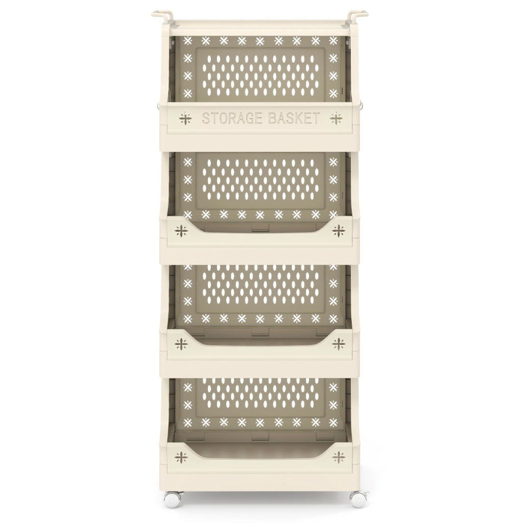 Cestino per bucato 5 piani carrello impilabile in plastica, Cestino per bucato organizzatore aperto per lavanderia Beige-Cesti del bucato