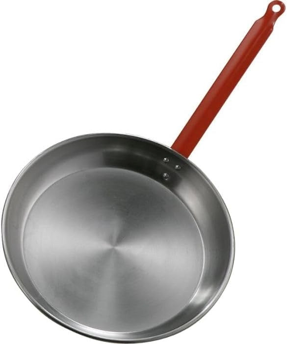 Padella in Ferro Spazzolato con Manico Rosso, per Spaghetti e Wok, Rotonda, Antiaderente Naturale, Manico Ergonomico, Uso Professionale 28 cm
