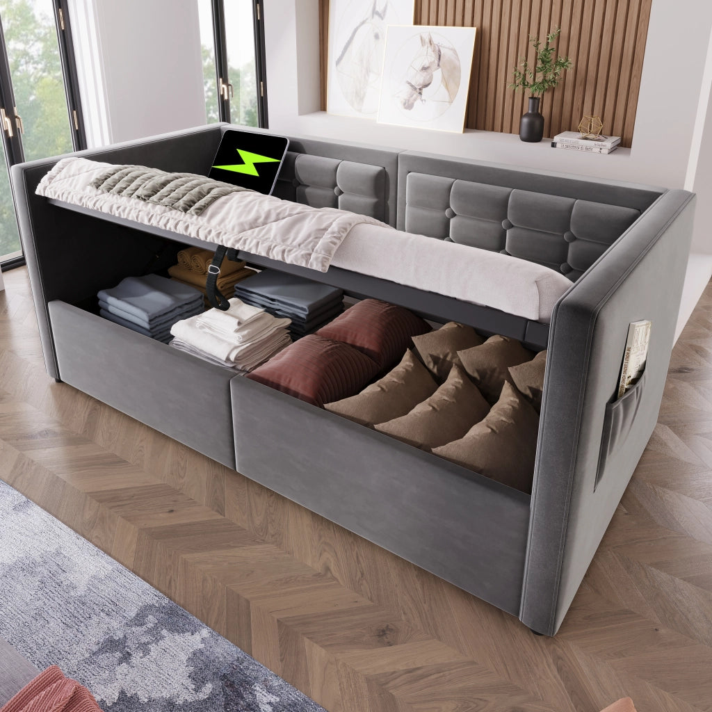 LETTO Divano 90x190 cm in velluto grigio con contenitore e USB Type-C
