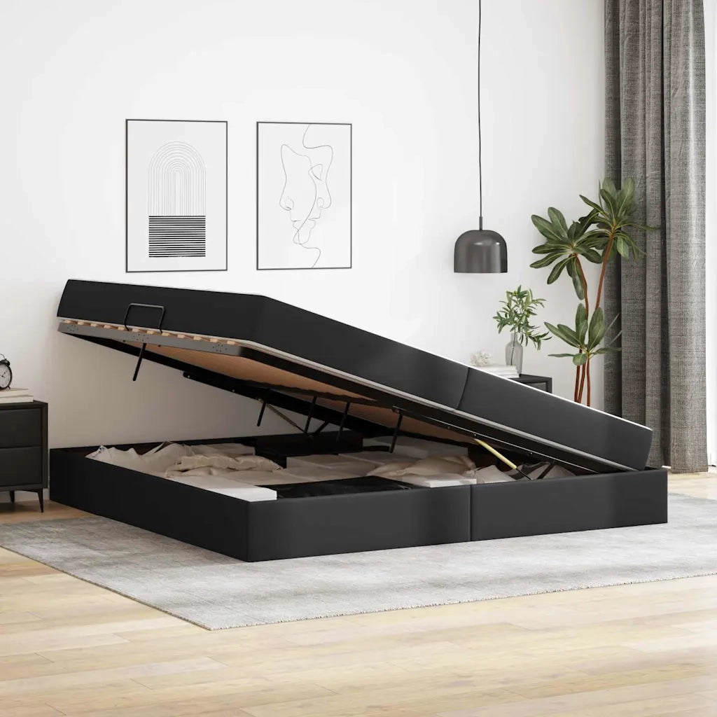 Letto con contenitore e materasso 2 pcs Nero Pelle