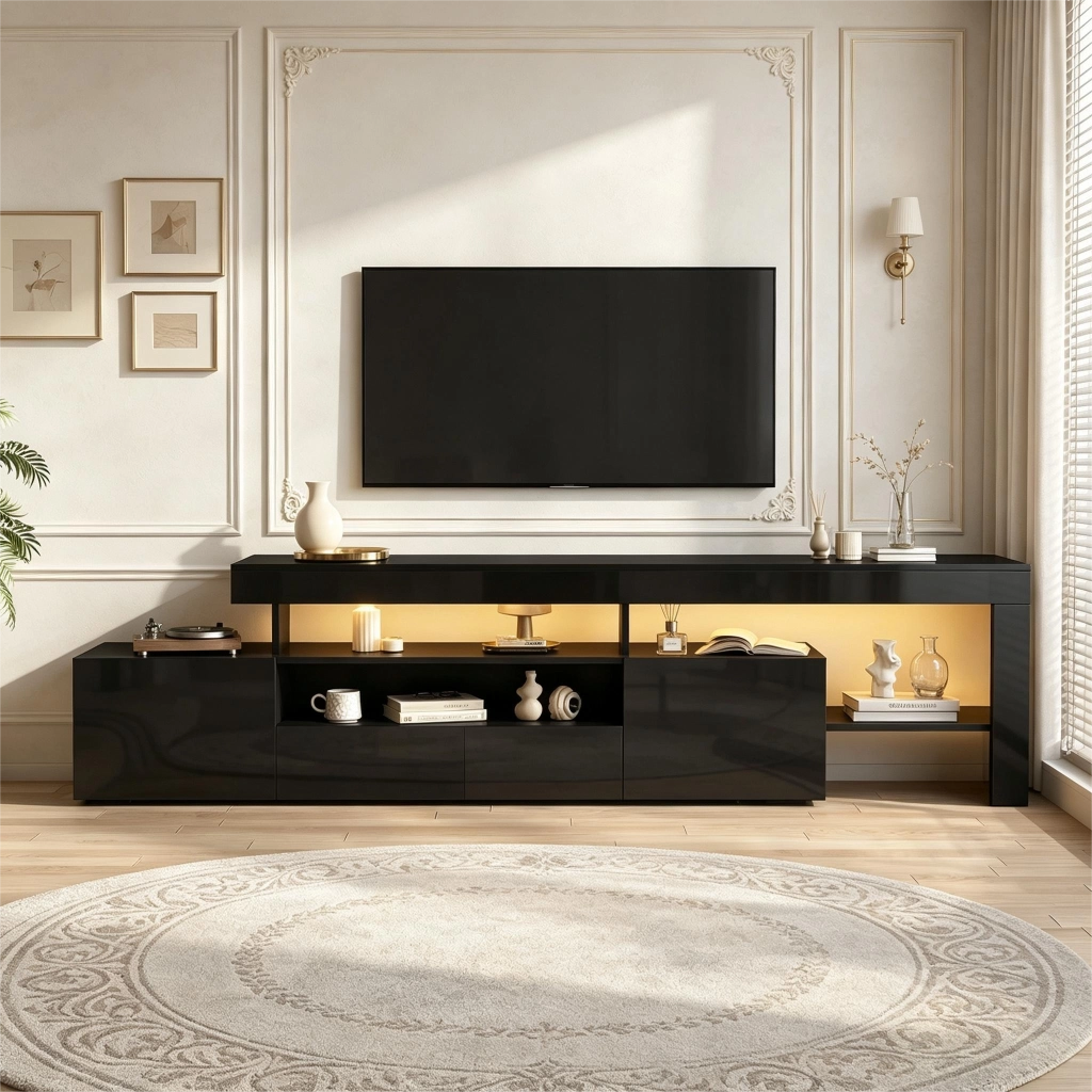 Mobile TV con 3 ante; LED e vani aperti - per soggiorno - 192×37×53 cm - nero