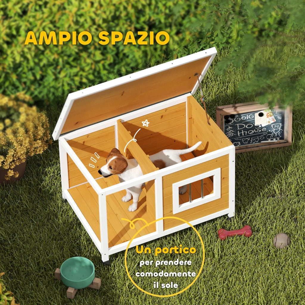 Cuccia per Cani da Esterno in Legno di Abete con Veranda Coperta e Tetto Inclinabile. 85.5x62x60 cm. Multicolore