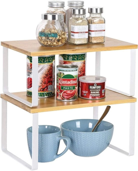 Organizzatore per cucina - espandibile e sovrappostibile - set da 2 - bianco e naturale