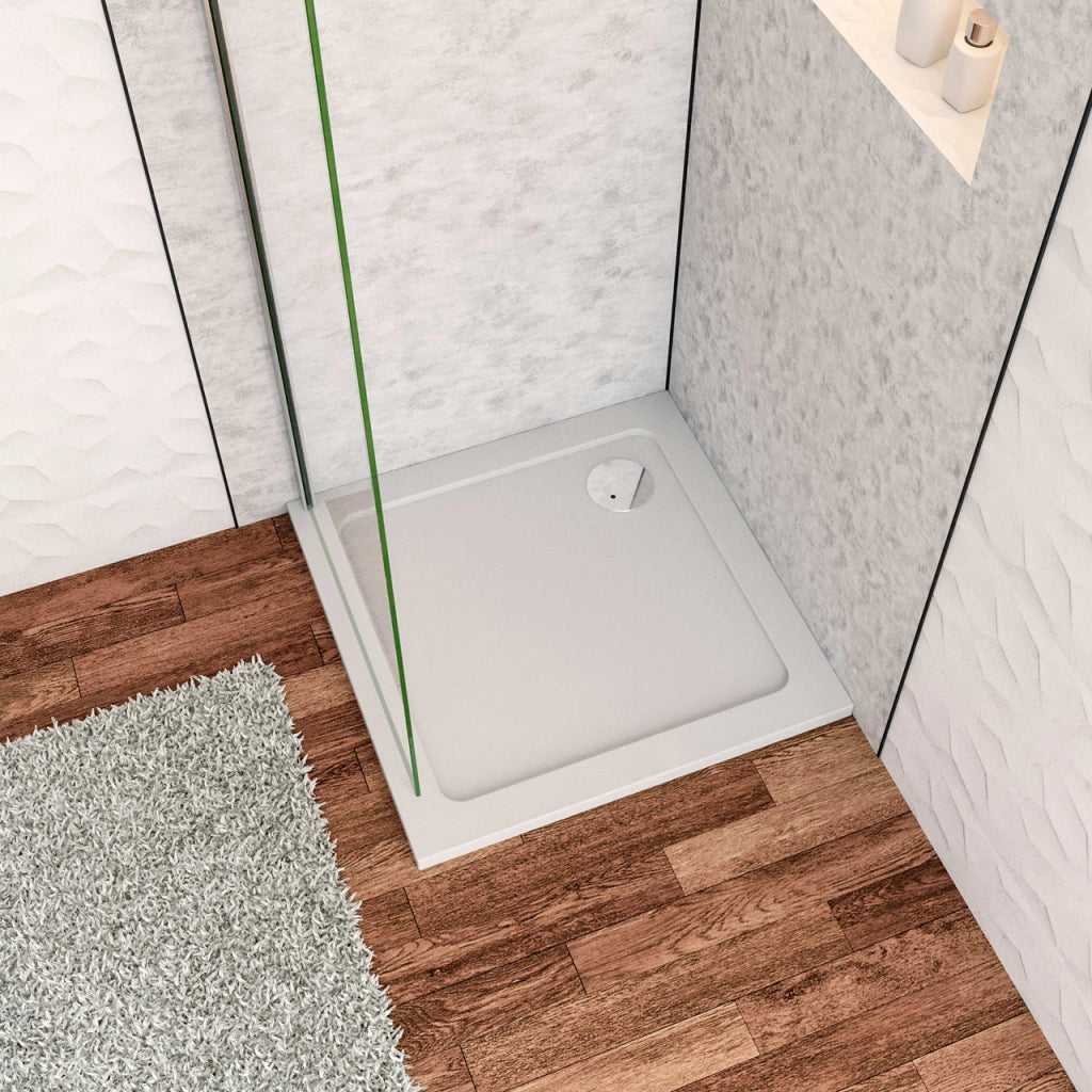 Piatto Doccia 76x76cm Bianco Spessore di 3 cm in Pietra Artificiale e Resina Minerale Mista Piletta Extra Piatta Sottile e Tubo inclusi