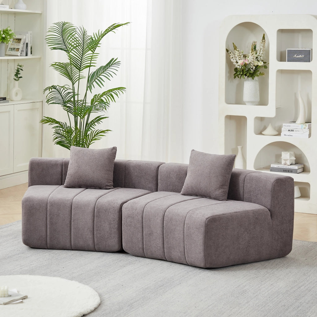 Modulo divano curvo modulare in chenille grigio con 2 cuscini, design a semicerchio