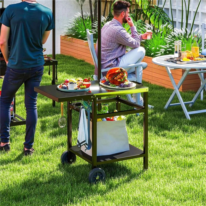 CARRELLO PER BARBECUE CON PIANO IN ACCIAIO E RIPIANO RICHIUDIBILE RUOTE E GANCI 91X58X76 CM NERO