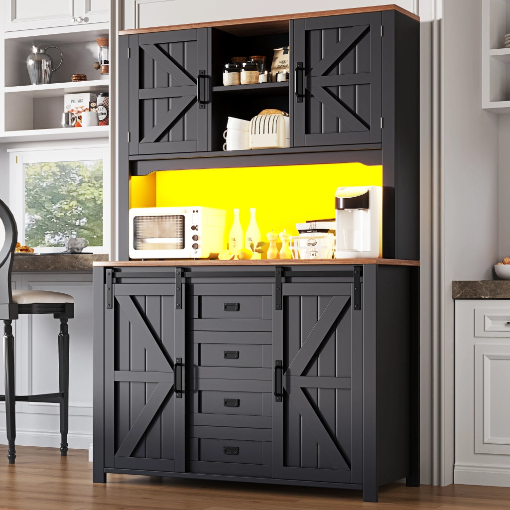 Mobile Cucina Alto con Ante Scorrevoli e LED ¨C MINIMAL ¨C Nero/Bianco, 115x40x174,7 cm