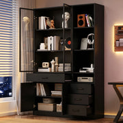 Mobile alto con vetrina in vetro e LED 120x35x200 cm; 4 cassetti; nero