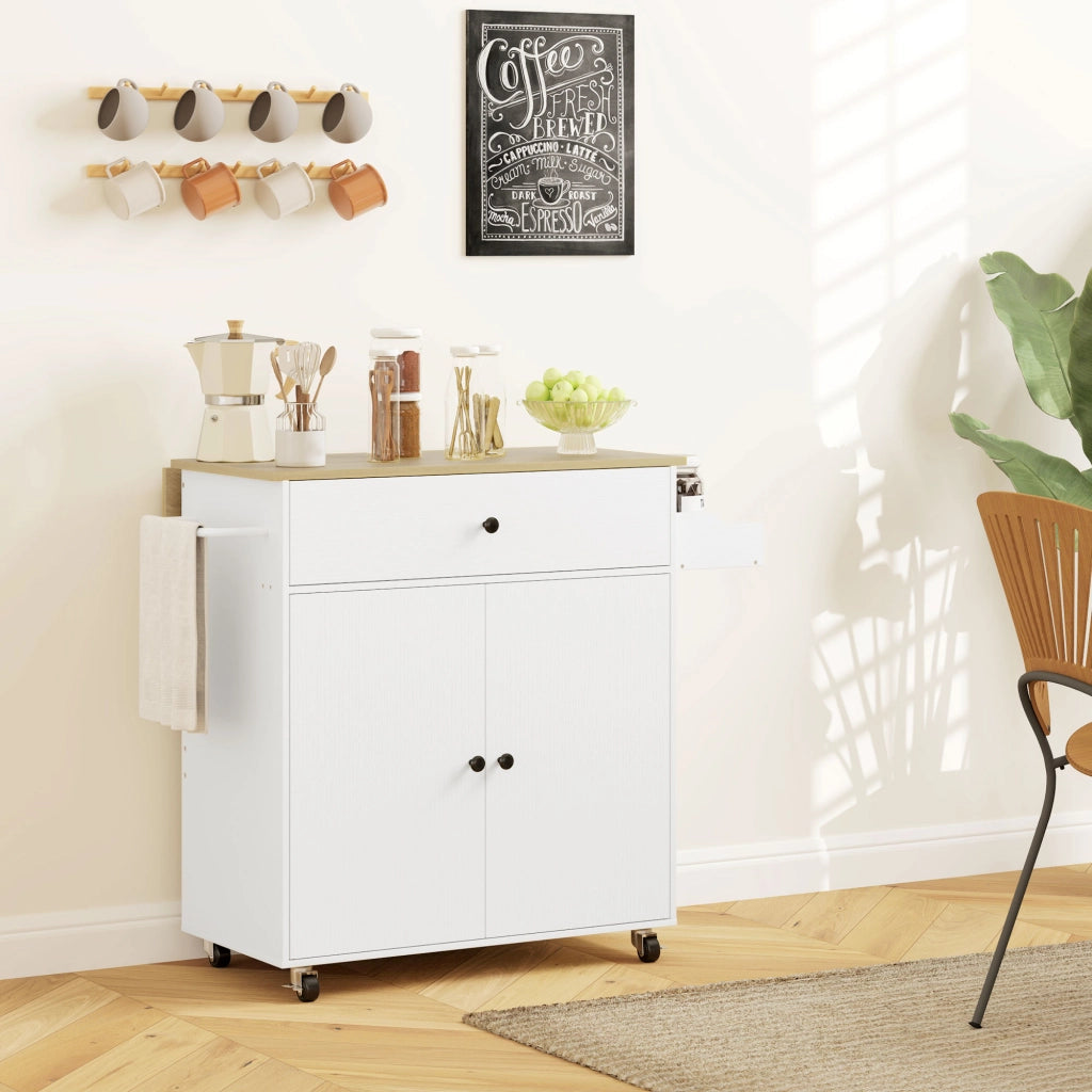 Tavolino da cucina con ruote ¨C zephmum ¨C con cassetto, ripiano regolabile, porta spezie e porta asciugamani
