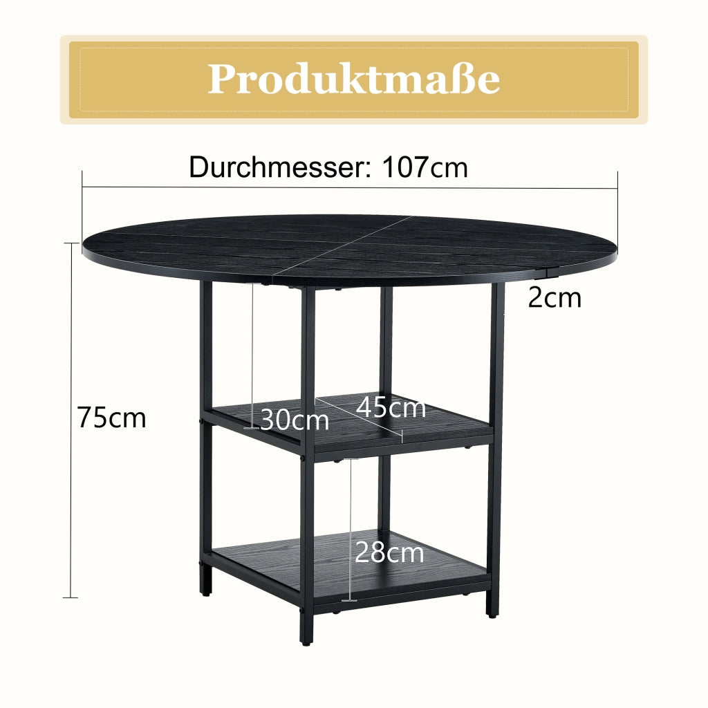 Tavolo da pranzo rotondo - Zephmum- 107 cm, piano MDF nero + struttura metallica, doppio piano di stoccaggio