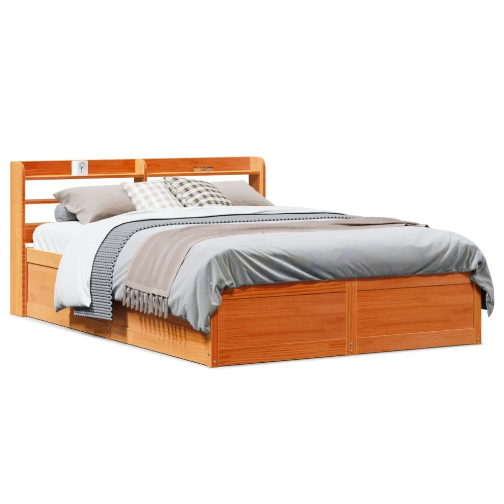 Letto matrimoniale | Letto per adulti | Giroletto con Testiera Marrone Cera 135x190 cm Massello Pino