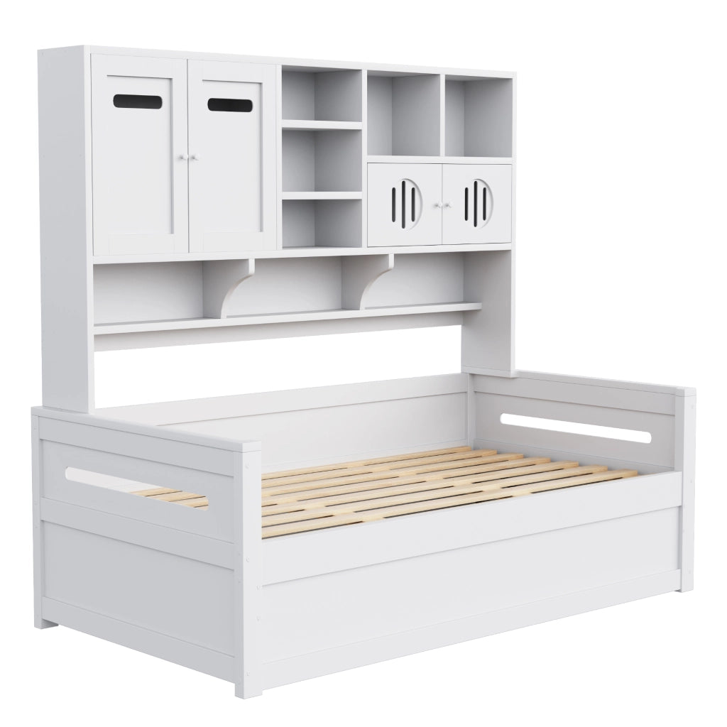 Letto singolo contenitore 90×200 cm con vani portaoggetti e rete idraulica; senza materasso; legno; bianco