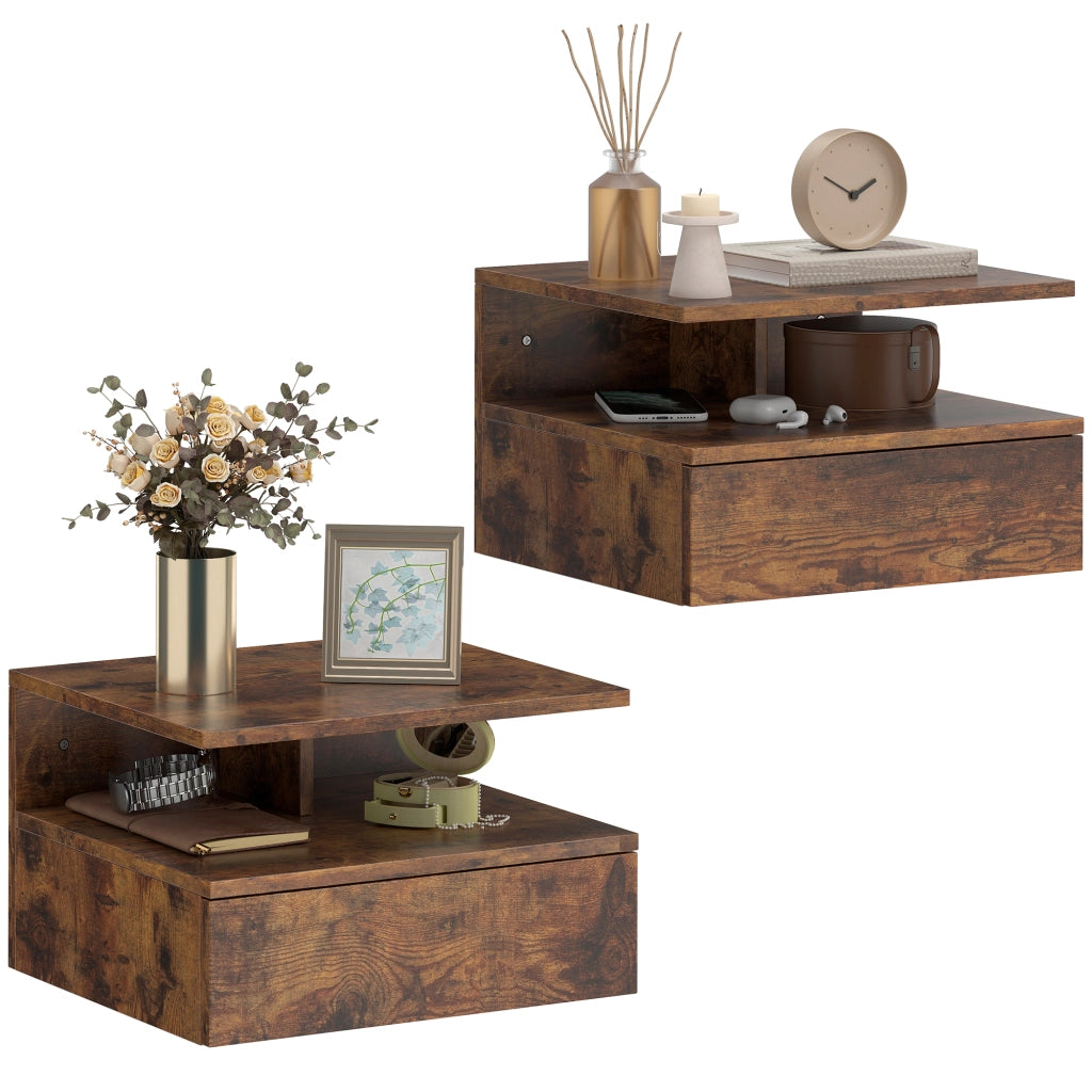 Comodini Sospesi con Cassetto e Mensola ¨C zephmum ¨C Marrone Rustico 35x32x22.5 cm