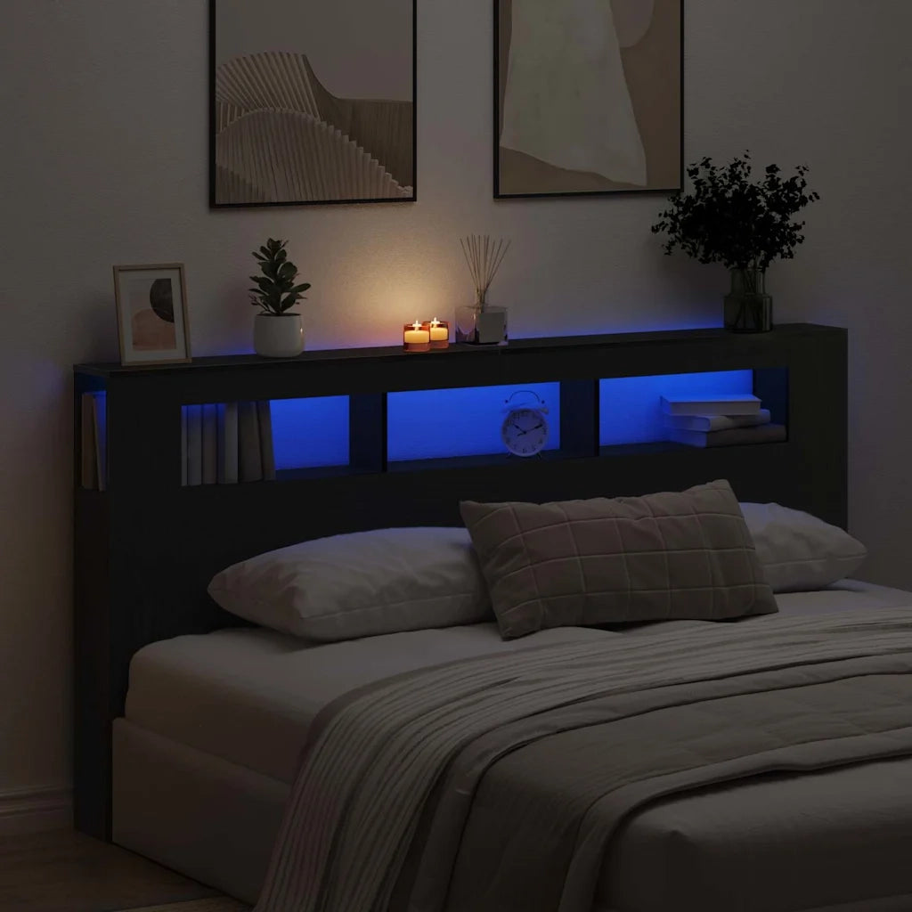 Testiera | Testata LED con lo scaffale Rovere Nero 200 x 18,5 x 103,5 cm