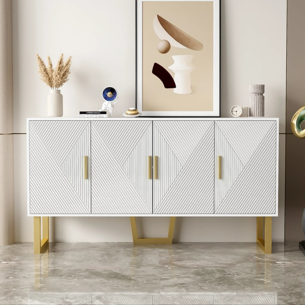 OKWISH Madia con 4 Ante e Ripiani Regolabili, Frontali Lucidi con Texture, per Soggiorno, MDF, Bianco, 150 x 40 x 82 cm