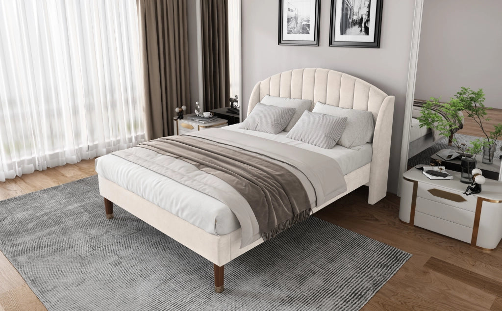 DESMIU Letto Matrimoniale Imbottito 2 Posti con Testiera Imbottita, Struttura Stabile, 140 × 190 cm, Senza Materasso, Beige
