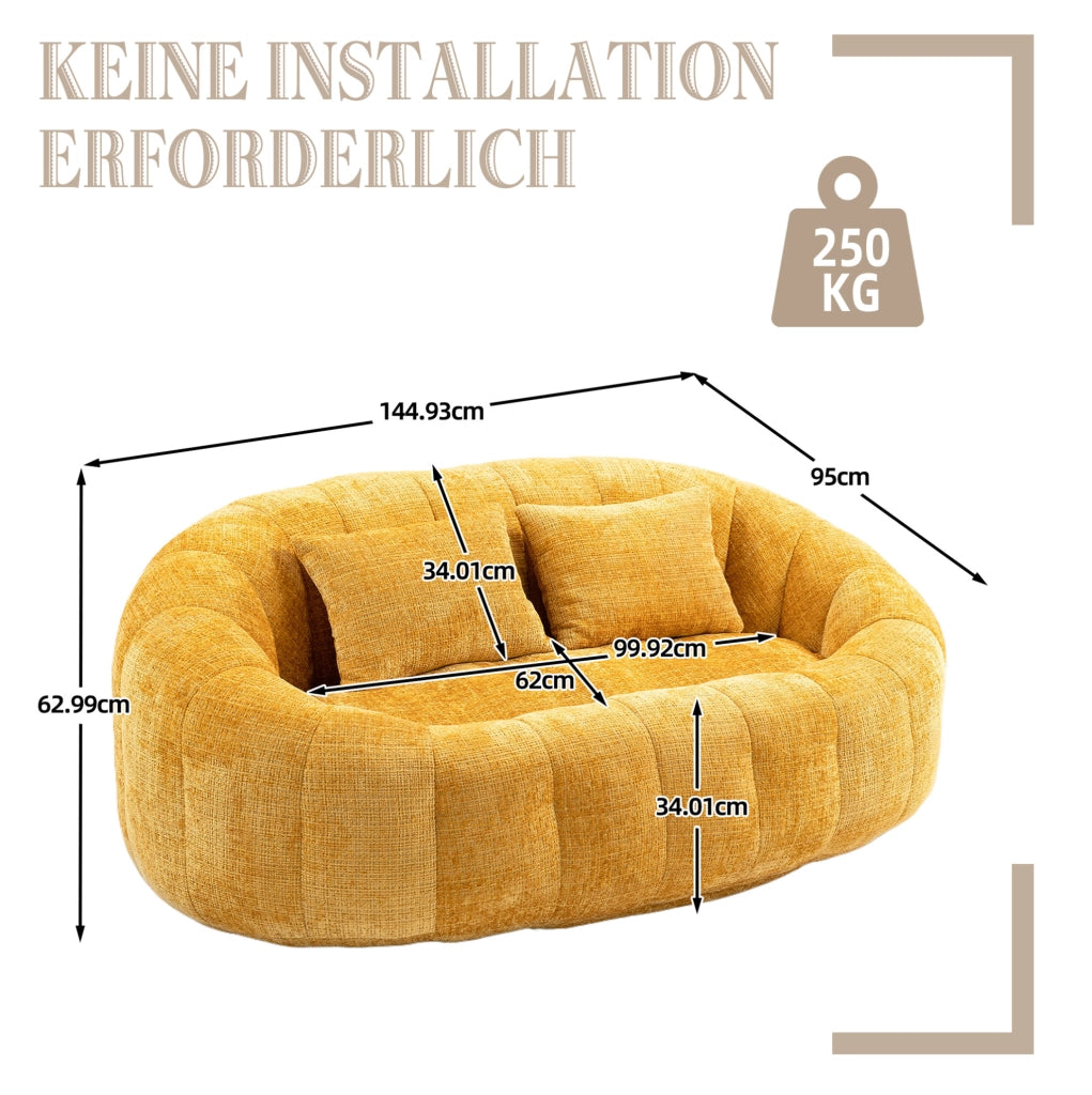 Sacco pouf divano a due posti in ciniglia gialla 150x95x63 cm; con schiuma memory