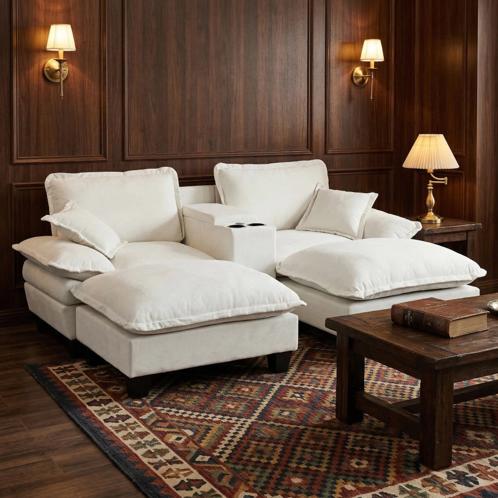 Divano Angolare Modulare con Ottomane e Contenitore ¨C MINIMAL ¨C Chenille, Beige
