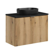 Set VANO effetto rovere e nero 80cm: mobile sottolavabo con ante + top per lavabo + lavabo da appoggio nero scanalato