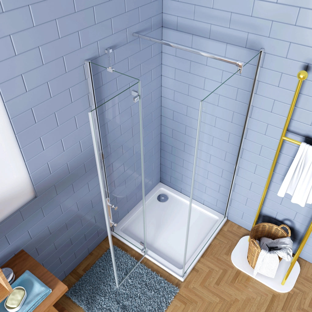 195cm Box Doccia Angolare Porta Battente con Parete Fissa 90x70cm Vetro 6 mm Temperato Anticalcare Trasparente con 2 Barre Stabilizzatrici da 30cm e 140cm