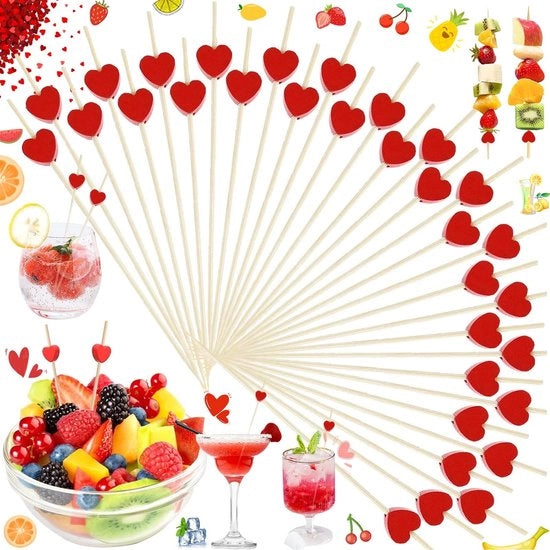 100 Sticchi per Cocktail in Legno, Spiedini di Legno a Forma di Cuore Rosso, per Finger Food, Party, Pikken 12 cm per Cibo Gliacé, Regali per Feste di Mardi Gras, Compleanni