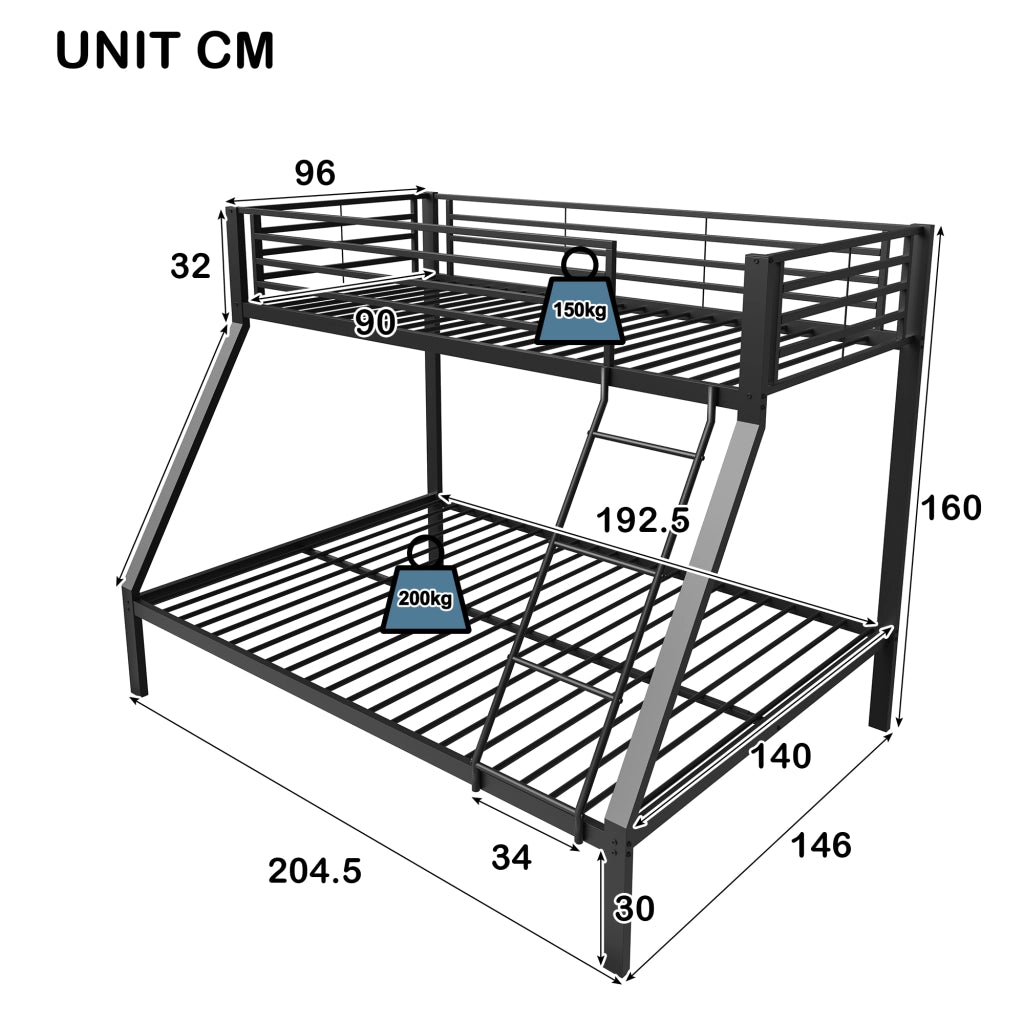 letto a castello metallo nero 146 x 204.5 cm