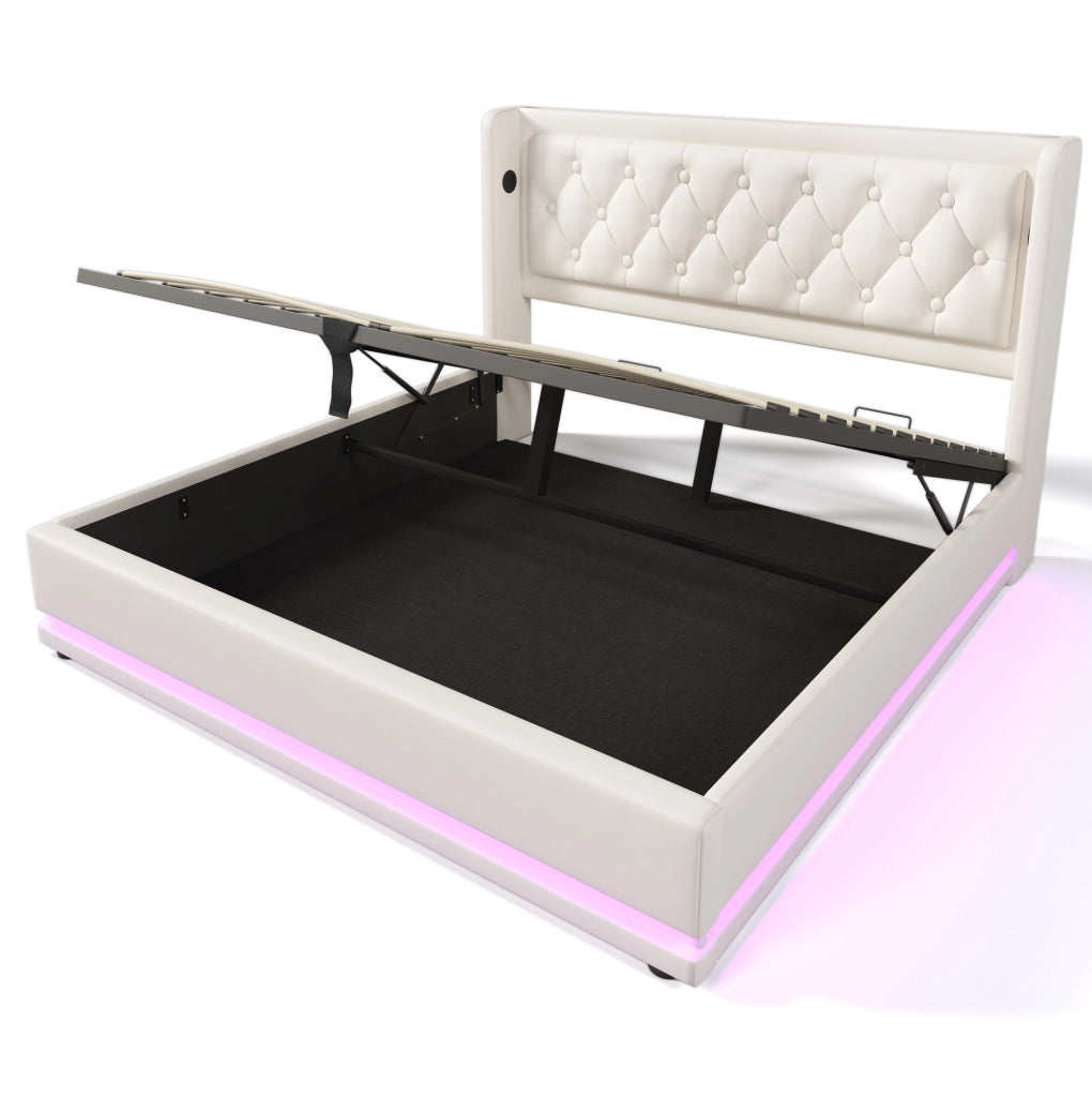 Letto contenitore 180x200 cm in PU bianco con LED e USB Tipo-C