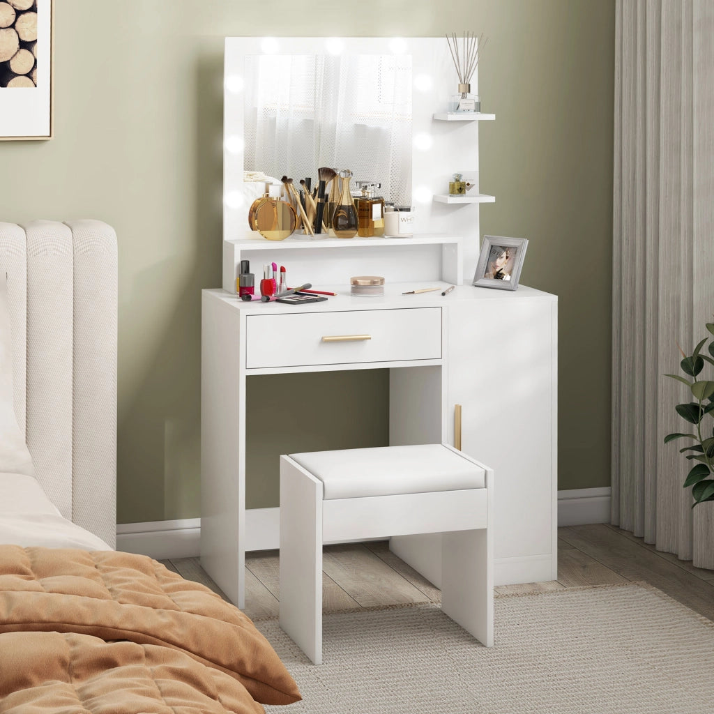 Cassettiera con specchio LED e sgabello ¨C Xylo ¨C bianco con cassetti e ripiani