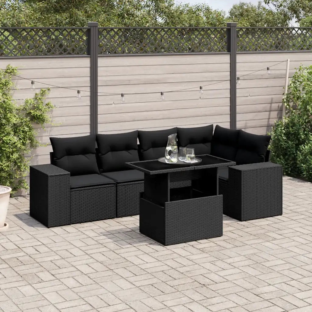 Set Divano da Giardino 6 pz con Cuscini Nero in Polyrattan